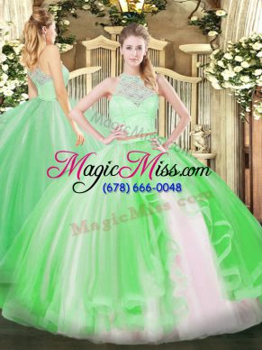 Green Sleeveless Floor Length Lace and Ruffles Zipper Quinceanera Dress