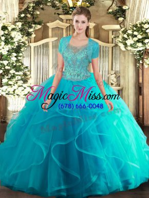 Fabulous Sleeveless Tulle Floor Length Clasp Handle Sweet 16 Dresses in Aqua Blue with Beading and Ruffled Layers