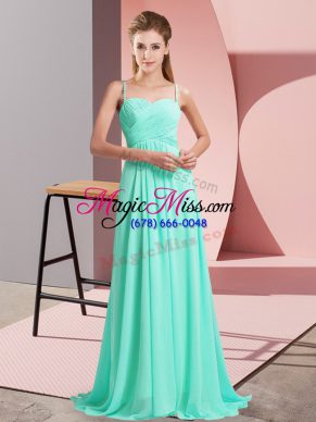 Sleeveless Ruching Backless Evening Dress with Turquoise Sweep Train