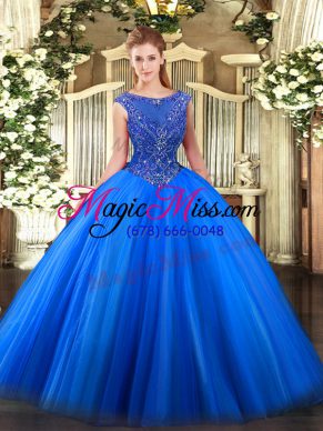 Fashion Royal Blue Zipper Scoop Beading and Appliques 15 Quinceanera Dress Tulle Sleeveless