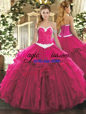 Pretty Hot Pink Sleeveless Organza Lace Up 15 Quinceanera Dress for Sweet 16 and Quinceanera