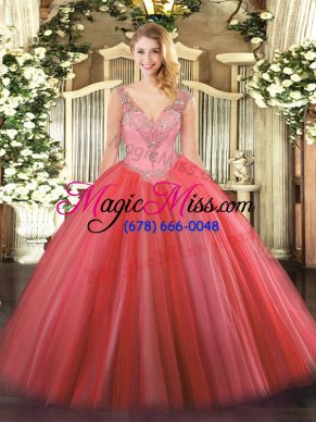 Exceptional Floor Length Lace Up Quinceanera Dress Coral Red for Military Ball and Sweet 16 and Quinceanera with Beading