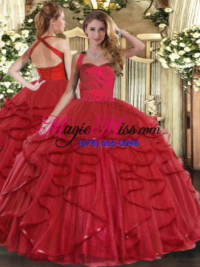 Hot Sale Wine Red Sleeveless Floor Length Ruffles Lace Up 15 Quinceanera Dress