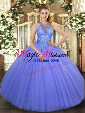 Discount Lavender Ball Gowns Tulle High-neck Sleeveless Beading Floor Length Lace Up Sweet 16 Dress