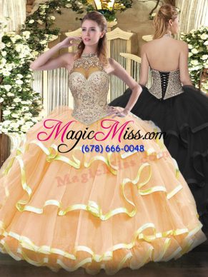 Extravagant Halter Top Sleeveless Organza Quinceanera Gowns Beading and Ruffled Layers Lace Up