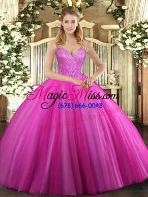 Beauteous V-neck Sleeveless Sweet 16 Dress Floor Length Beading Fuchsia Tulle