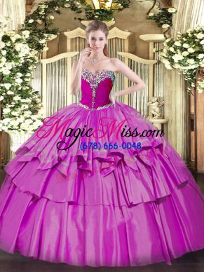 Lilac Ball Gowns Beading and Ruffled Layers Sweet 16 Dresses Lace Up Organza and Taffeta Sleeveless Floor Length