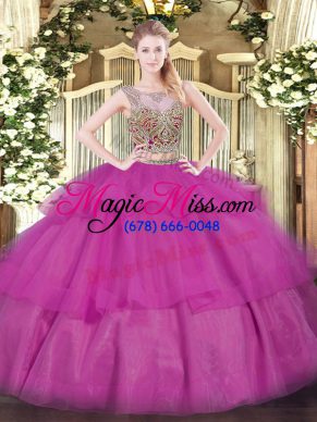 Fuchsia Tulle Lace Up Sweet 16 Dresses Sleeveless Floor Length Beading and Ruffled Layers
