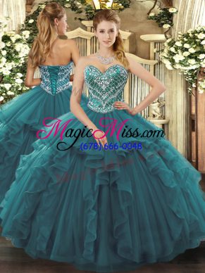 Romantic Floor Length Turquoise Sweet 16 Dresses Tulle Sleeveless Beading and Ruffles