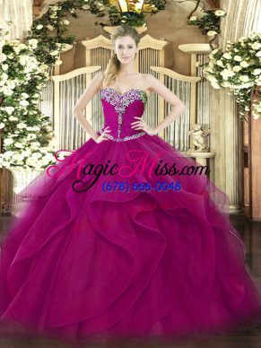 Graceful Fuchsia Ball Gowns Tulle Sweetheart Sleeveless Beading and Ruffles Floor Length Lace Up Quinceanera Dresses