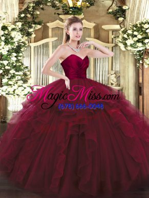 High Quality Sleeveless Tulle Floor Length Lace Up Ball Gown Prom Dress in Wine Red with Ruffles