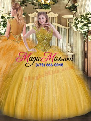 Great Gold Ball Gowns Scoop Sleeveless Tulle Floor Length Zipper Beading and Ruffles Sweet 16 Quinceanera Dress