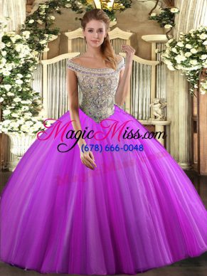 Fuchsia Ball Gowns Off The Shoulder Sleeveless Tulle Floor Length Lace Up Beading Vestidos de Quinceanera