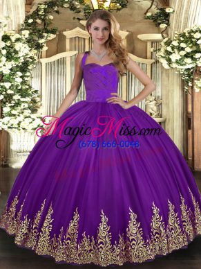 Spectacular Purple Tulle Lace Up Sweet 16 Quinceanera Dress Sleeveless Floor Length Appliques