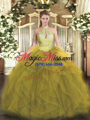 Olive Green Ball Gowns Halter Top Sleeveless Organza Floor Length Lace Up Beading and Ruffles Quinceanera Dresses