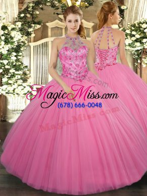 Flirting Halter Top Sleeveless Lace Up Quinceanera Gowns Rose Pink Tulle