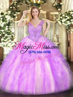 Custom Fit Lilac V-neck Lace Up Beading and Ruffles Quinceanera Dress Sleeveless