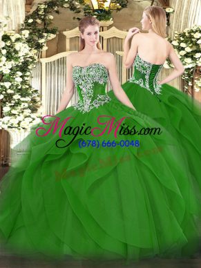 Delicate Floor Length Lace Up Ball Gown Prom Dress Green for Military Ball and Sweet 16 and Quinceanera with Beading and Ruffles