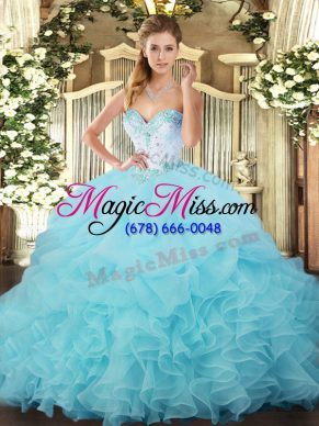 High Class Aqua Blue Lace Up Quinceanera Dresses Beading and Ruffles and Pick Ups Sleeveless Floor Length