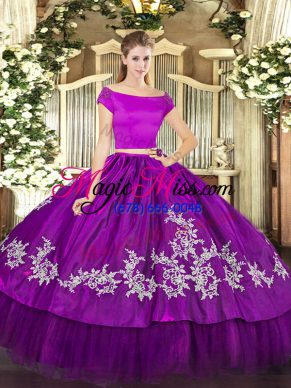 Shining Floor Length Purple Quinceanera Dresses Organza and Taffeta Short Sleeves Embroidery