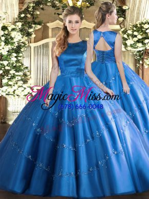 Excellent Baby Blue Tulle Lace Up Quince Ball Gowns Sleeveless Floor Length Appliques