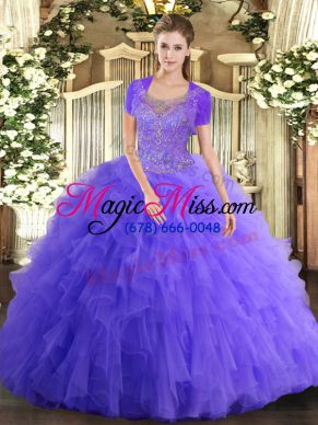 Eye-catching Sleeveless Floor Length Beading and Ruffled Layers Clasp Handle Quinceanera Dress with Lavender