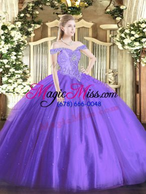 Flirting Off The Shoulder Sleeveless Tulle Quince Ball Gowns Beading Lace Up