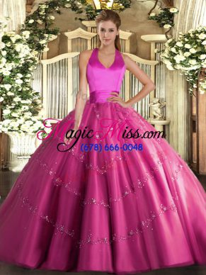 Custom Made Hot Pink Sleeveless Appliques Floor Length Quinceanera Dress