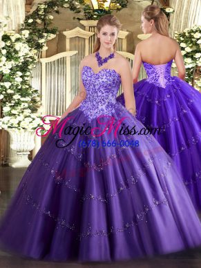 Purple Ball Gowns Appliques Quince Ball Gowns Lace Up Tulle Sleeveless Floor Length