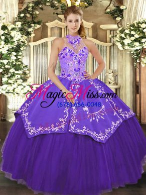 Satin and Tulle Sleeveless Floor Length 15th Birthday Dress and Beading and Embroidery