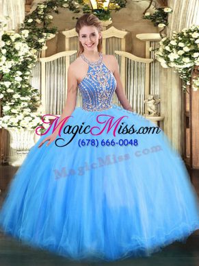 New Style Blue Lace Up Quince Ball Gowns Beading Sleeveless Floor Length