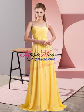 Sweet Ruching Prom Gown Gold Lace Up Sleeveless Floor Length