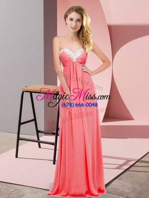Great Floor Length Watermelon Red Prom Gown Chiffon Sleeveless Ruching