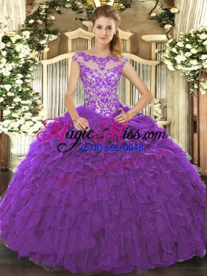 Scoop Cap Sleeves Organza Quince Ball Gowns Beading and Ruffles and Hand Made Flower Lace Up