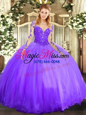Glorious Floor Length Ball Gowns Long Sleeves Lavender Vestidos de Quinceanera Lace Up