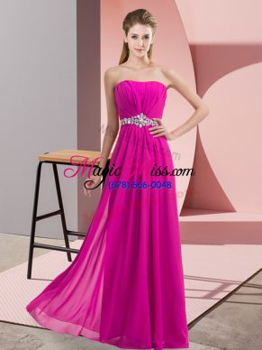 Fuchsia Empire Beading Prom Evening Gown Lace Up Chiffon Sleeveless Floor Length