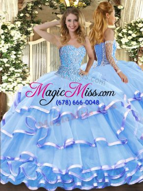 Wonderful Organza Sweetheart Sleeveless Lace Up Beading and Ruffled Layers Quinceanera Dress in Aqua Blue