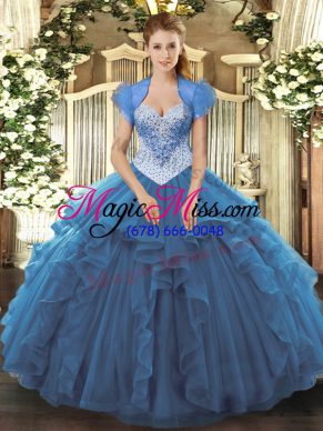 Blue Ball Gowns Tulle Sweetheart Sleeveless Beading Floor Length Lace Up 15th Birthday Dress