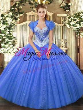 Blue Sleeveless Beading Floor Length Quince Ball Gowns
