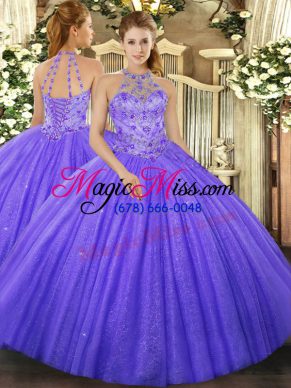 Tulle Halter Top Sleeveless Lace Up Beading and Embroidery Quinceanera Gowns in Lavender