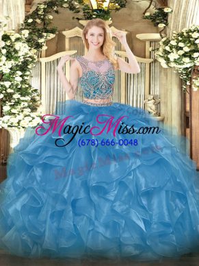 Fashion Baby Blue Sleeveless Beading and Ruffles Floor Length Quince Ball Gowns