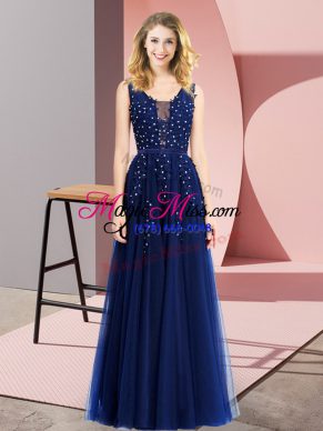 Fitting Floor Length Backless Prom Gown Royal Blue for Prom and Party with Beading and Appliques