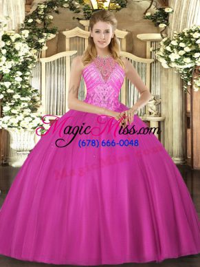 Fuchsia Ball Gowns Tulle High-neck Sleeveless Beading Floor Length Lace Up Quince Ball Gowns