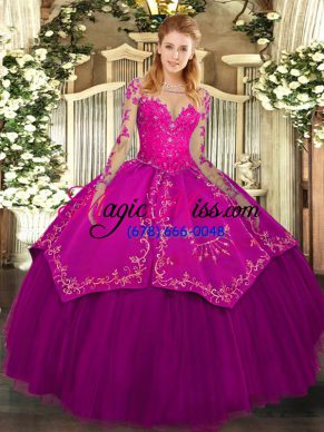 Floor Length Ball Gowns Long Sleeves Fuchsia Quince Ball Gowns Lace Up