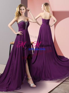 Purple Chiffon Zipper Homecoming Dress Sleeveless High Low Beading