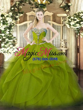 Sexy Olive Green Tulle Lace Up Sweet 16 Dress Sleeveless Floor Length Beading and Ruffles