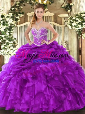 Purple Organza Lace Up Sweetheart Sleeveless Floor Length Quinceanera Dress Beading and Ruffles and Pick Ups
