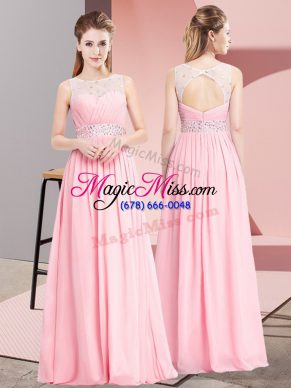 Fancy Floor Length Pink Prom Gown Scoop Sleeveless Lace Up