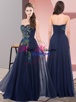 Vintage Floor Length Navy Blue Prom Gown Chiffon Sleeveless Embroidery