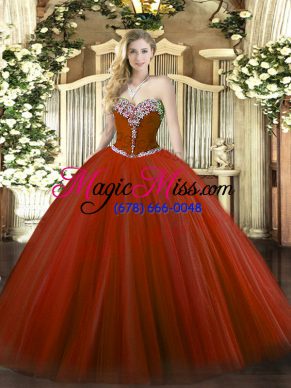 Graceful Rust Red Sleeveless Floor Length Beading Lace Up Sweet 16 Dress